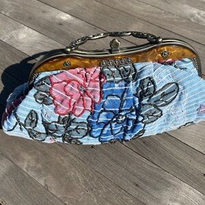 Floral Embroidered Clutch with Metal Handle